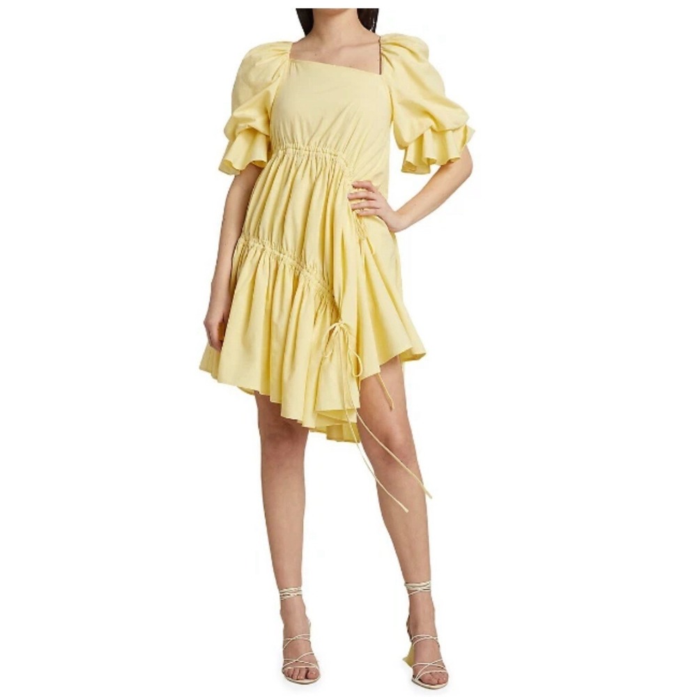 Moon River Asymmetric Ruched Ruffle Dress Size S‎ Sleeve Pale butter Yellow Puff